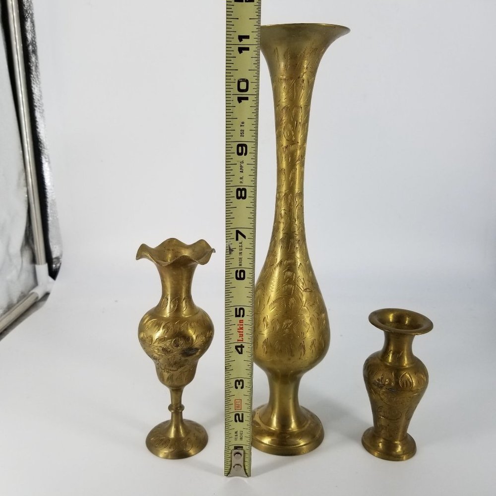 Vintage Brass Vase Flower Floral Three Etched India Home Decor 11.50" to 4.50" - Picture 9 of 11
